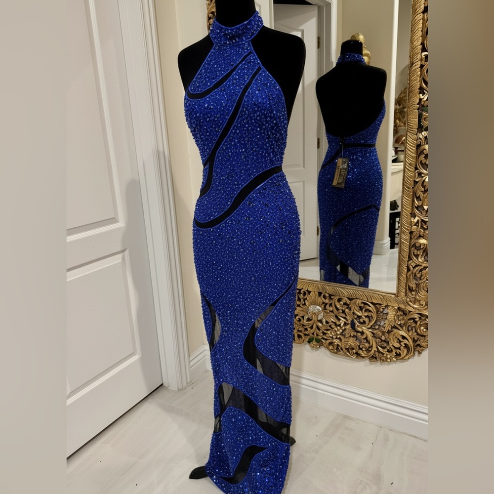 Elegant royal Blue Evening Dress with mesh cutouts